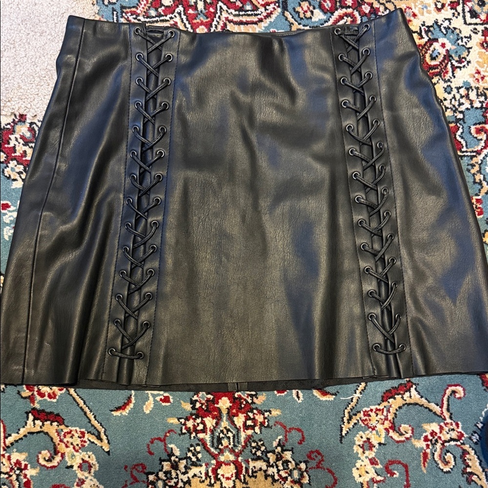 Zara Black Leather Mini Skirt with Lace-Up Sides